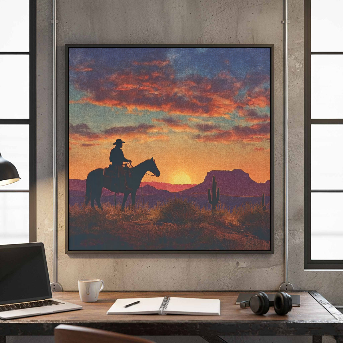 Western Cowboy Silhouette Canvas Art – styled room view 2
