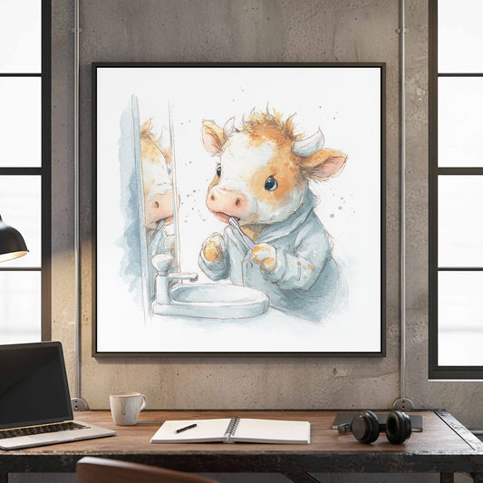 Cute Cow Bathroom Wall Art – canvas print shown framed in a styled room
