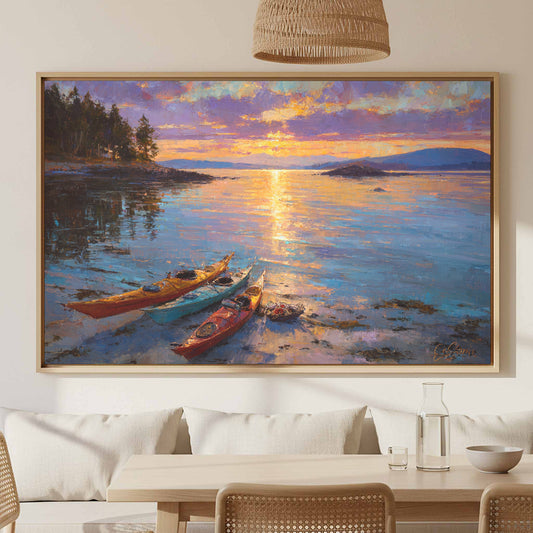 San Juan Islands Sunset Canvas Art – canvas print shown framed in a styled room