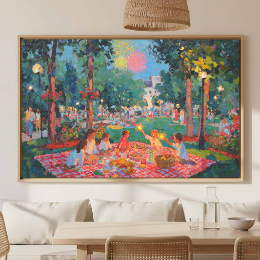 Fourth of July Picnic Canvas Print – canvas print shown framed in a styled room