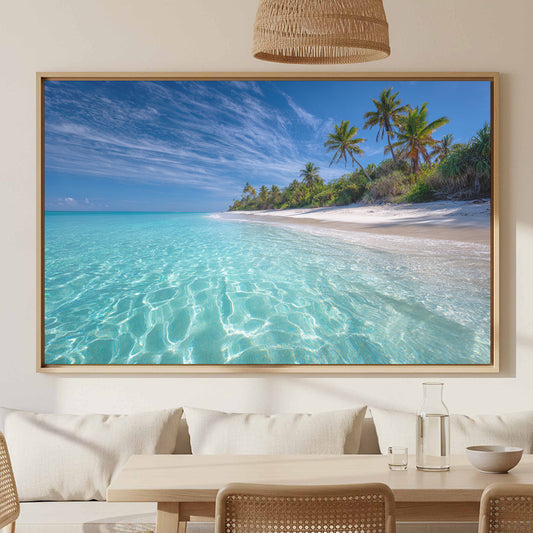 Tropical Beach Canvas Wall Art – canvas print shown framed in a styled room