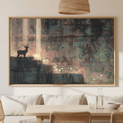 Cave Art Deer Silhouette Print – canvas print shown framed in a styled room