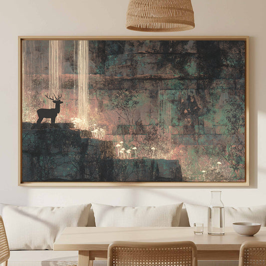 Cave Art Deer Silhouette Print – canvas print shown framed in a styled room