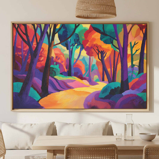 Vibrant Forest Path Canvas Art – canvas print shown framed in a styled room