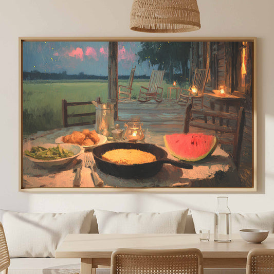Southern Farmhouse Dinner Canvas Print – canvas print shown framed in a styled room