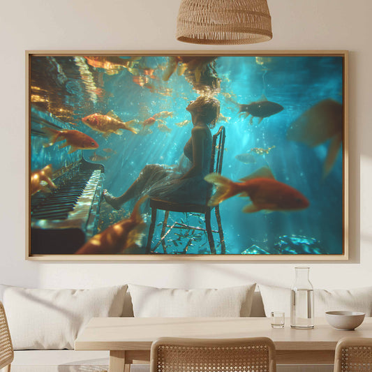 Underwater Girl Piano Canvas Wall Art – canvas print shown framed in a styled room