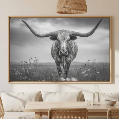 Longhorn Steer Canvas Print – canvas print shown framed in a styled room