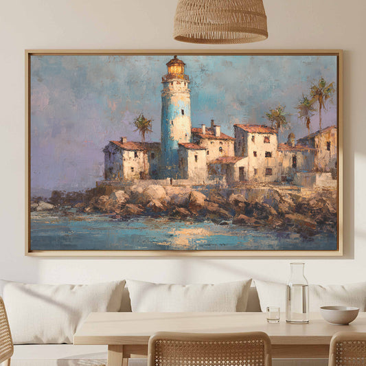 Santa Marta Lighthouse Oil Painting – canvas print shown framed in a styled room