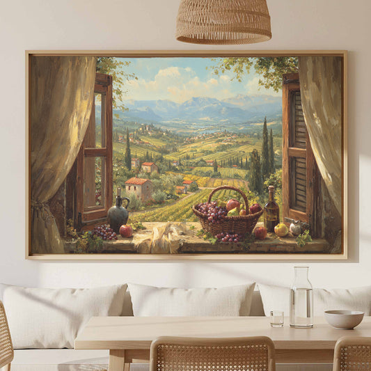 Rustic Countryside Window View Canvas Art – canvas print shown framed in a styled room