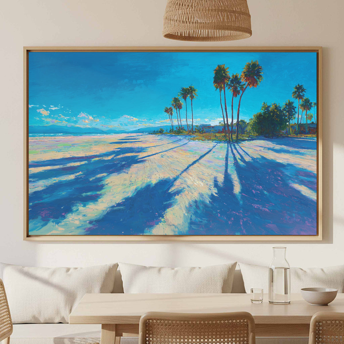 Palm Tree Shadow Canvas Art – canvas print shown framed in a styled room