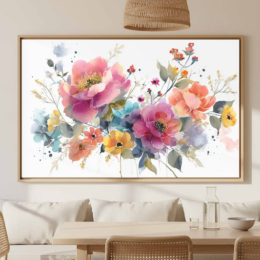 Watercolor Wildflower Wall Art – canvas print shown framed in a styled room