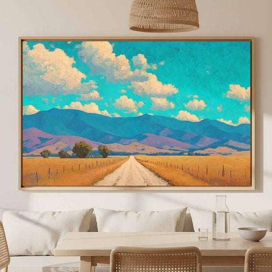 Mountain Road Landscape Canvas Wall Art – canvas print shown framed in a styled room