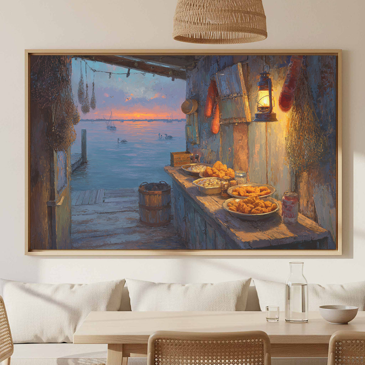 Gulf Coast Seafood Shack Canvas Art – canvas print shown framed in a styled room