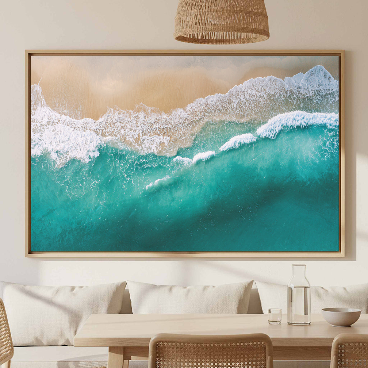 Aerial Ocean Waves Canvas Wall Art – canvas print shown framed in a styled room