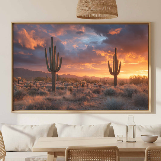 Desert Sunset Canvas Wall Art – canvas print shown framed in a styled room