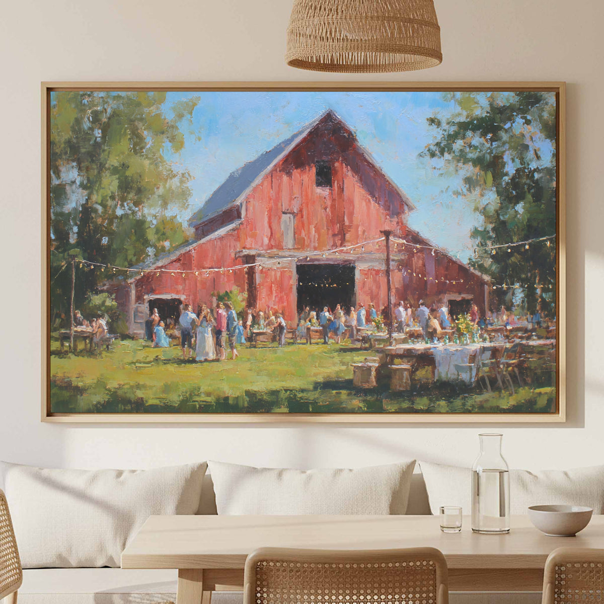 Barn Wedding Canvas Wall Art – canvas print shown framed in a styled room