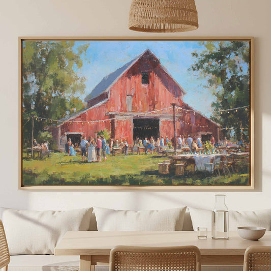 Barn Wedding Canvas Wall Art – canvas print shown framed in a styled room