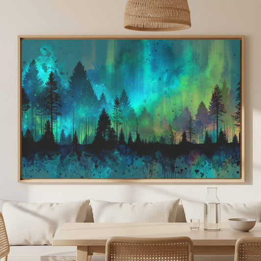 Aurora Forest Canvas Wall Art – canvas print shown framed in a styled room