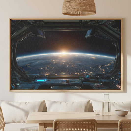 Space Earth View Canvas Wall Art – canvas print shown framed in a styled room