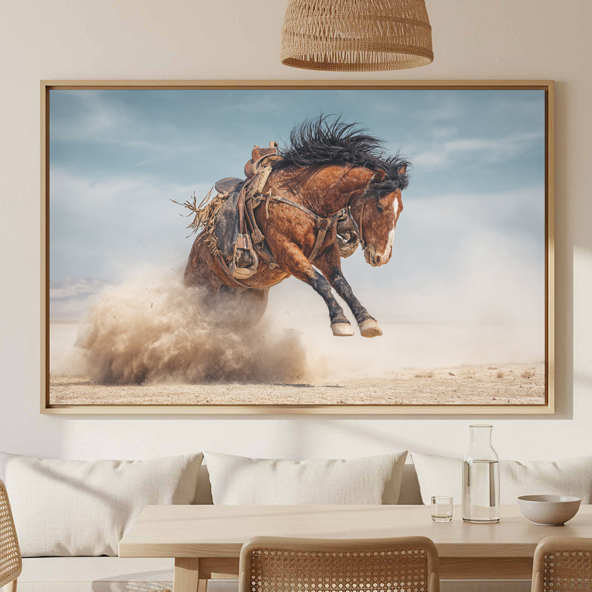 Western Bucking Horse Canvas Art – canvas print shown framed in a styled room