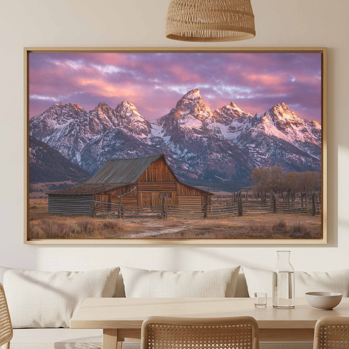 Rustic Mountain Barn Canvas Wall Art – canvas print shown framed in a styled room