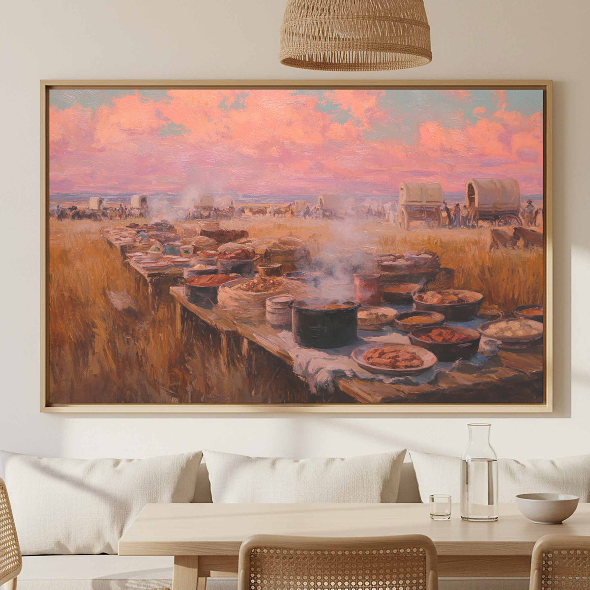 Western Chuckwagon Dinner Canvas Art – canvas print shown framed in a styled room