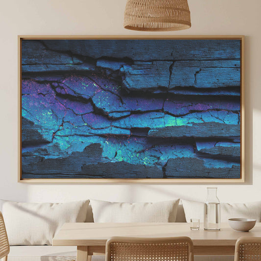 Blue Glowing Cave Abstract Canvas Wall Art – canvas print shown framed in a styled room