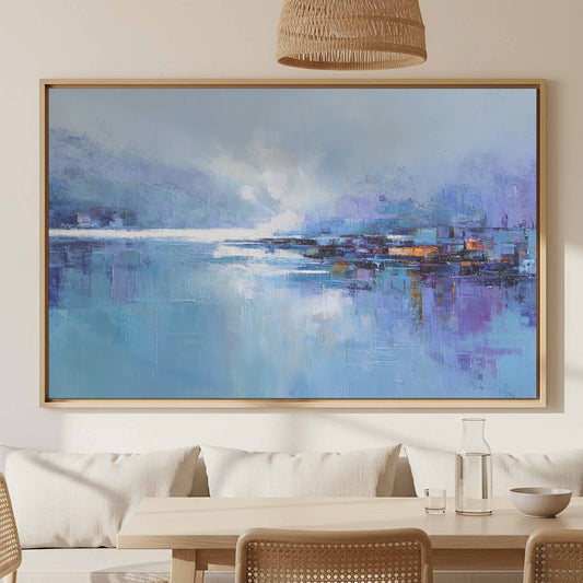 Abstract Coastal Canvas Art – canvas print shown framed in a styled room