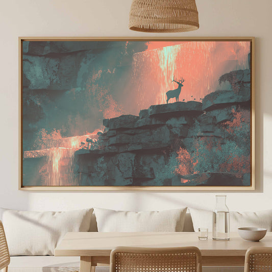 Illuminated Cave Deer Art – canvas print shown framed in a styled room