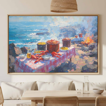 Coastal Lobster Feast Canvas Art – canvas print shown framed in a styled room