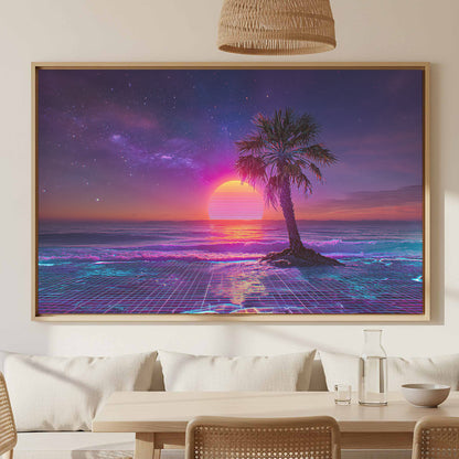 Synthwave Palm Beach Canvas Print – canvas print shown framed in a styled room