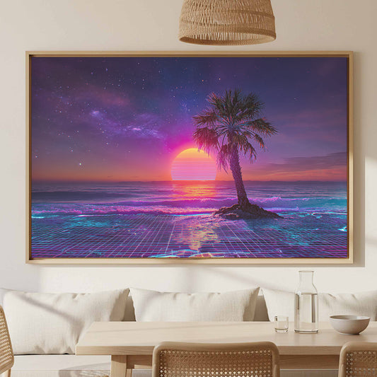 Synthwave Palm Beach Canvas Print – canvas print shown framed in a styled room