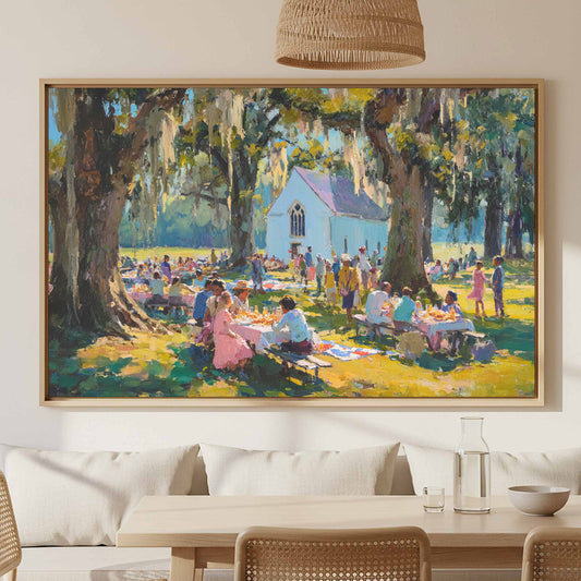 Southern Church Picnic Canvas Art – canvas print shown framed in a styled room