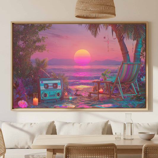 Retro 90s Sunset Canvas Wall Art – canvas print shown framed in a styled room