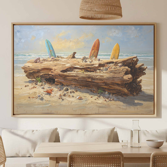 Coastal Driftwood Canvas Art – canvas print shown framed in a styled room