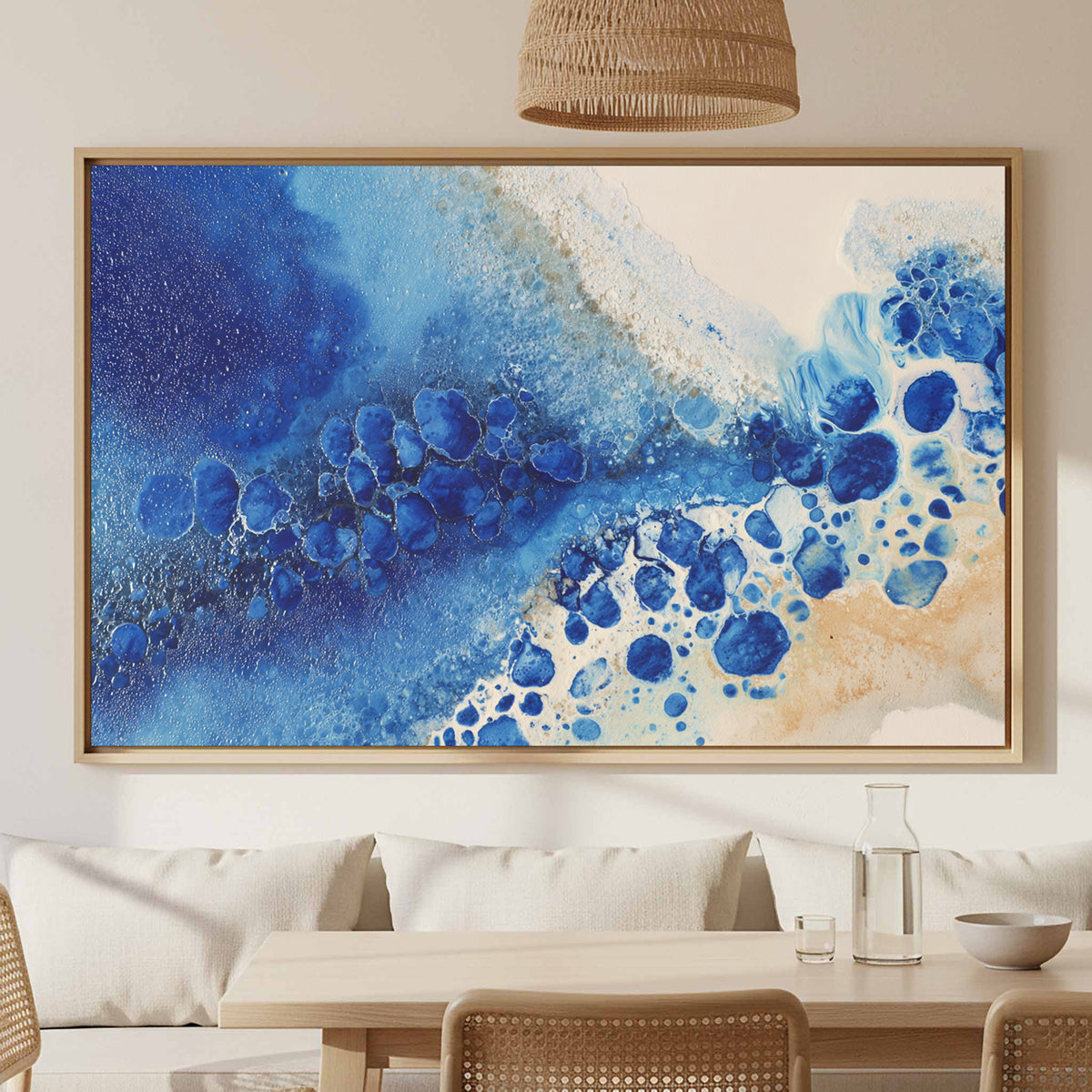 Abstract Blue Canvas Wall Art – canvas print shown framed in a styled room