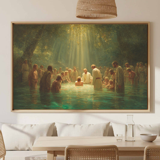 Baptism of Jesus Canvas Wall Art – canvas print shown framed in a styled room