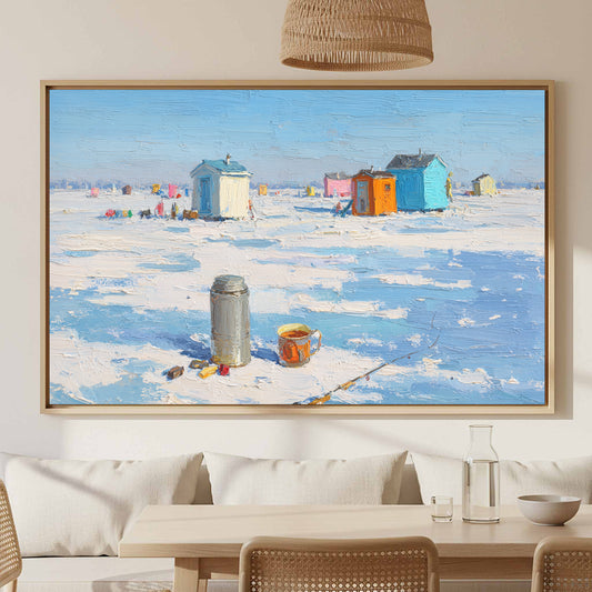 Winter Lake Ice Fishing Canvas Art – canvas print shown framed in a styled room