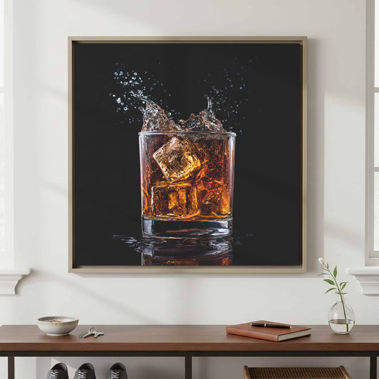 Whiskey Glass Ice Splash Canvas Print – canvas print shown framed in a styled room