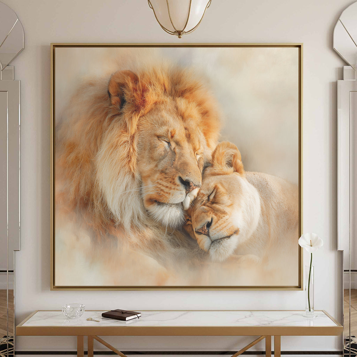 Lion Couple Canvas Art – styled room view 2