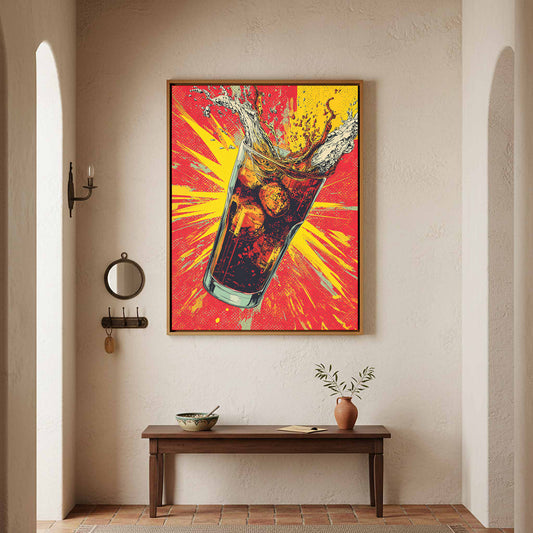 Comic Pop Art Cola Glass Print – canvas print shown framed in a styled room