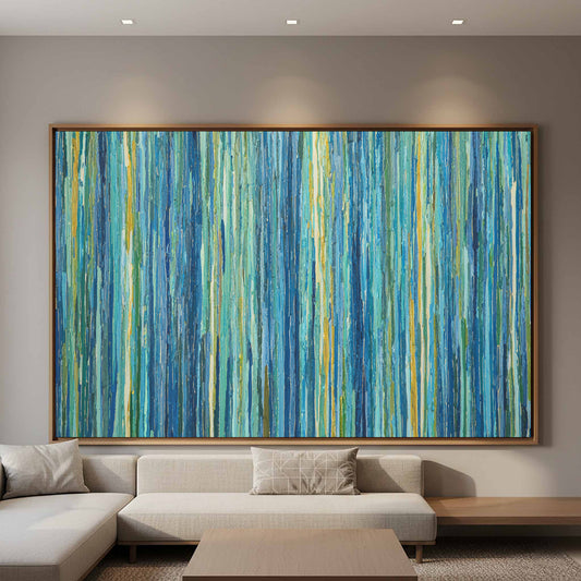 Abstract Vertical Lines Canvas Art – canvas print shown framed in a styled room