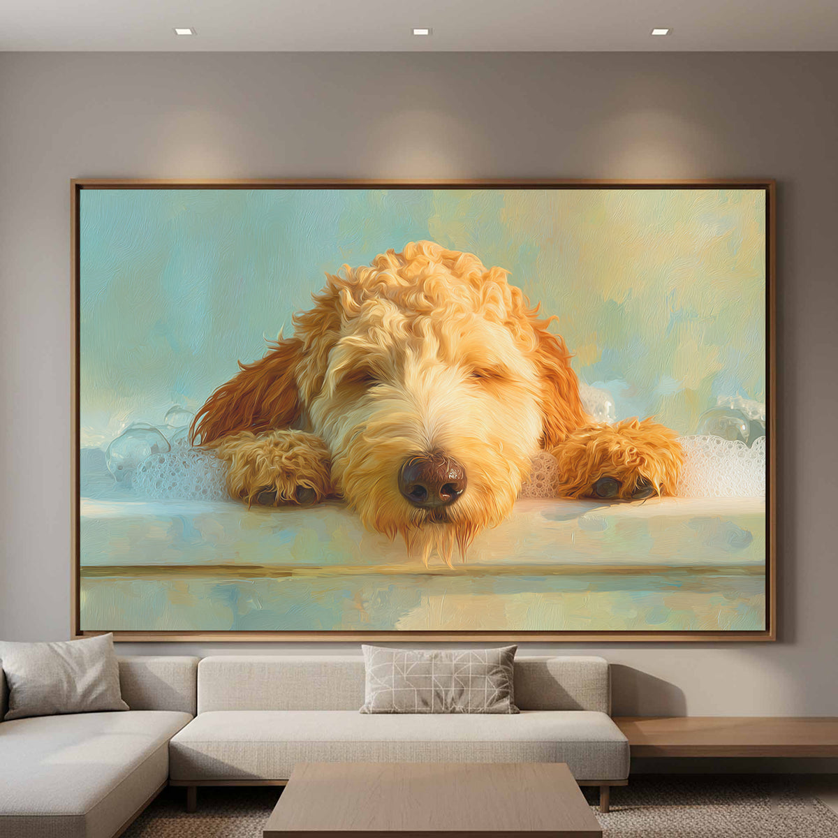 Goldendoodle Bath Time Canvas Print – canvas print shown framed in a styled room