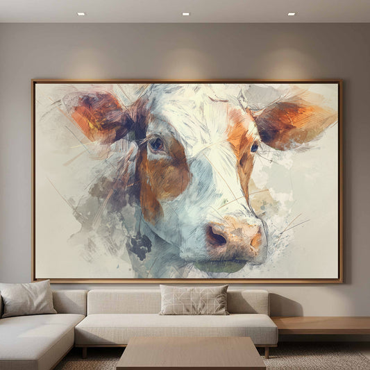 Cow Portrait Canvas Wall Art – canvas print shown framed in a styled room