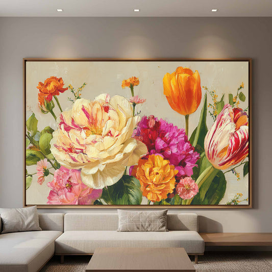 Vibrant Floral Canvas Print – canvas print shown framed in a styled room