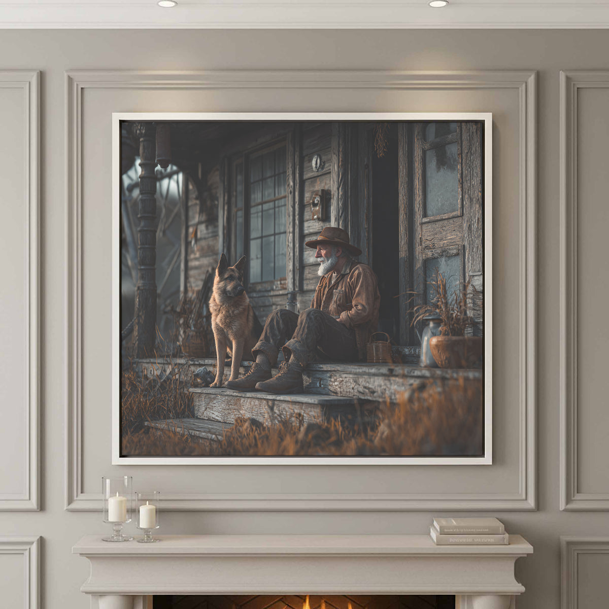 Old Man and Dog Porch Canvas Print – styled room view 2