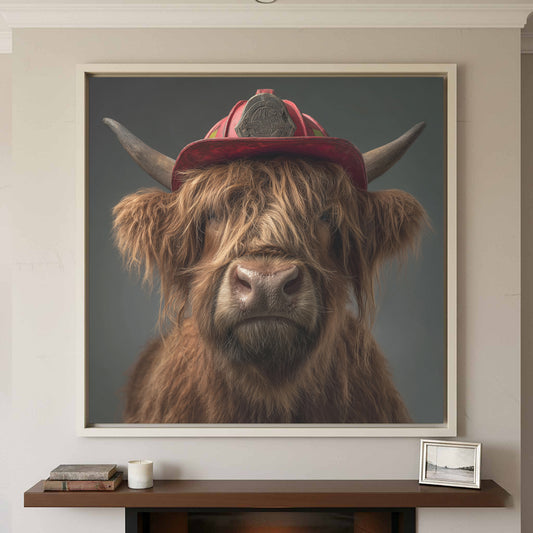 Highland Cow Firefighter Canvas Print – canvas print shown framed in a styled room