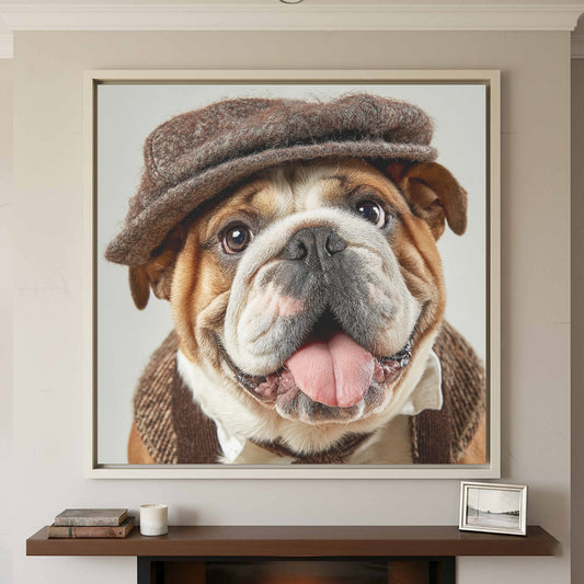 Bulldog German Hat Canvas Wall Art – canvas print shown framed in a styled room