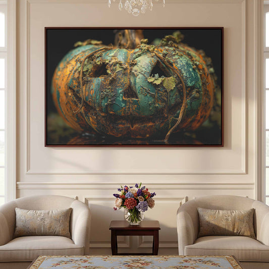 Halloween Jack-O-Lantern Decay Wall Art – canvas print shown framed in a styled room