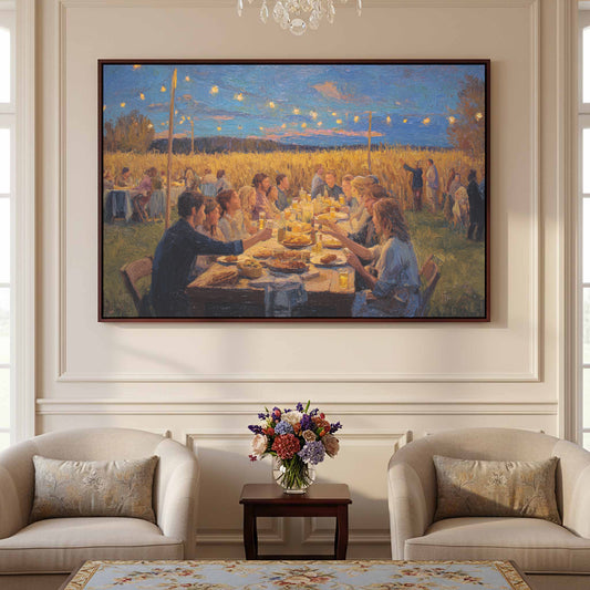 Harvest Dinner Wall Art – canvas print shown framed in a styled room
